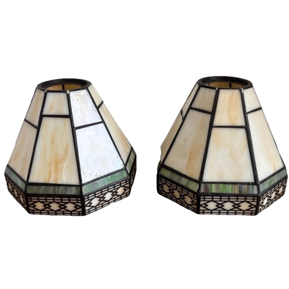 Stained Glass Mosaic Table Lamp Shade Pair in Ivory and Green - Picture 8 of 8